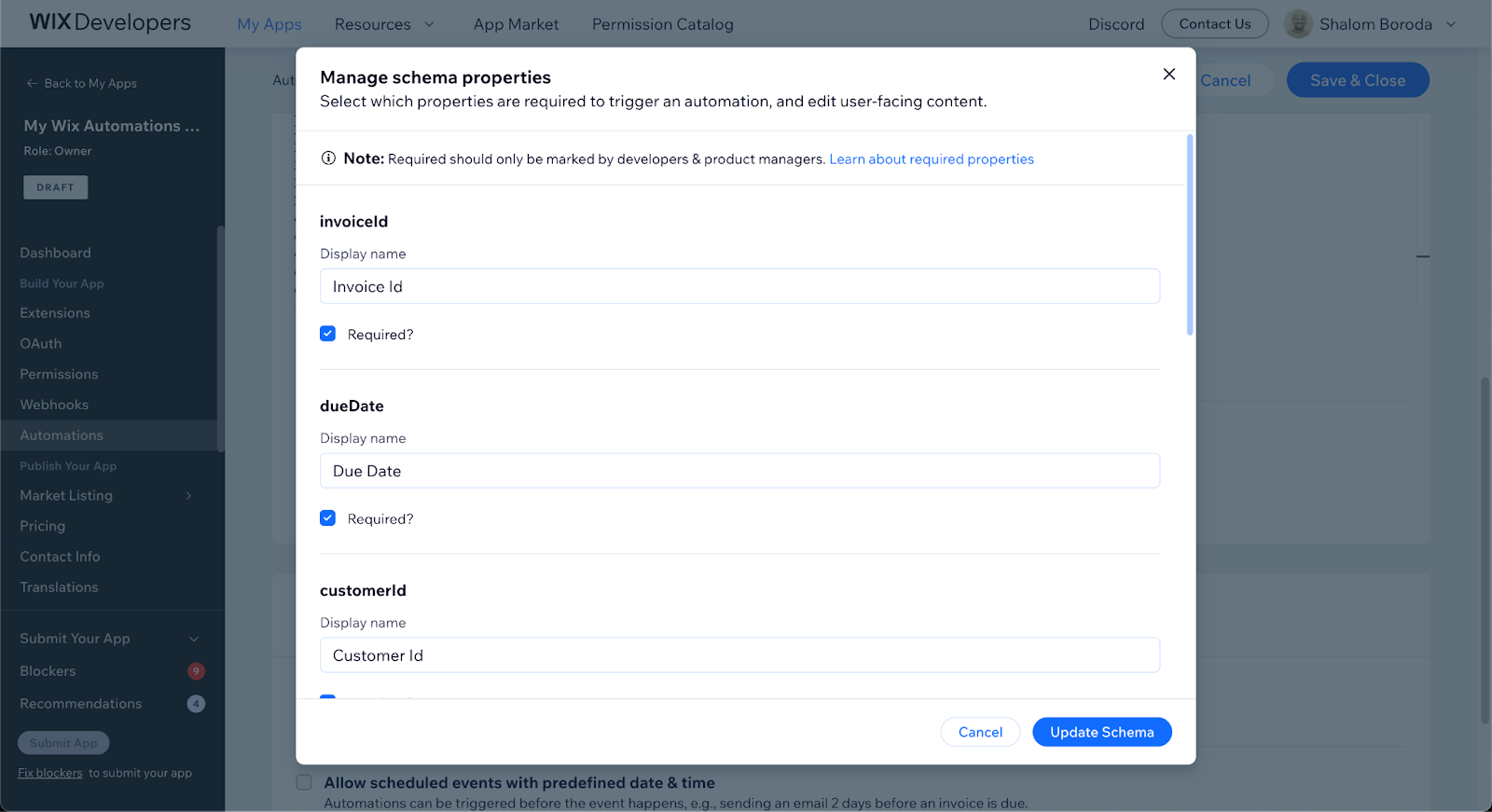 App Dashboard screenshot showing the Manage schema properties modal