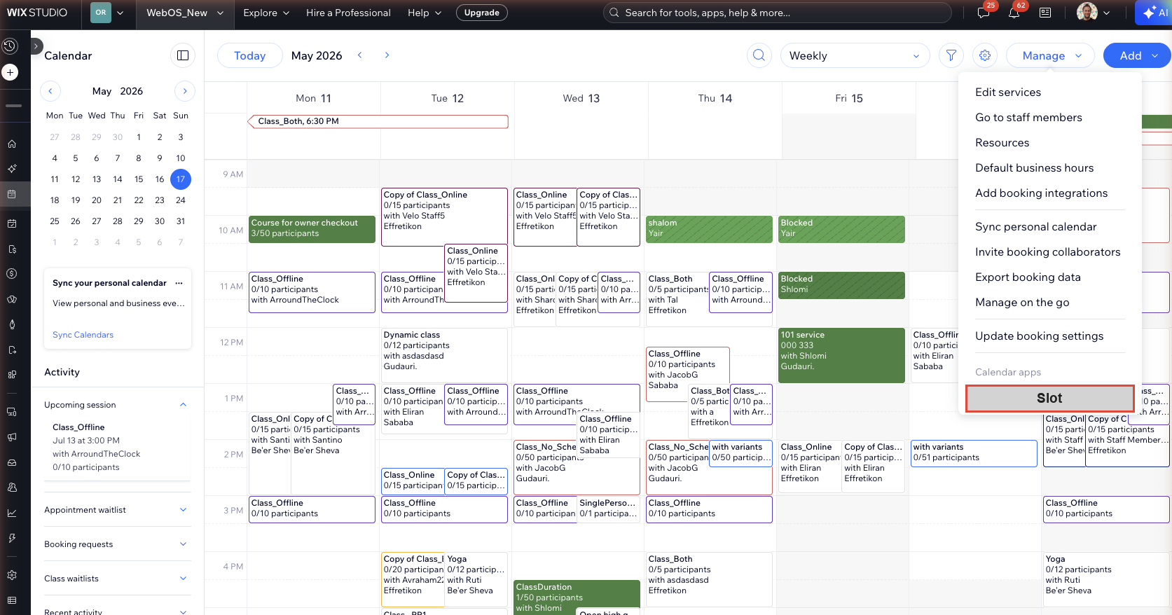Manage menu open on the Bookings Calendar page, showing installed plugins under the Calendar apps heading