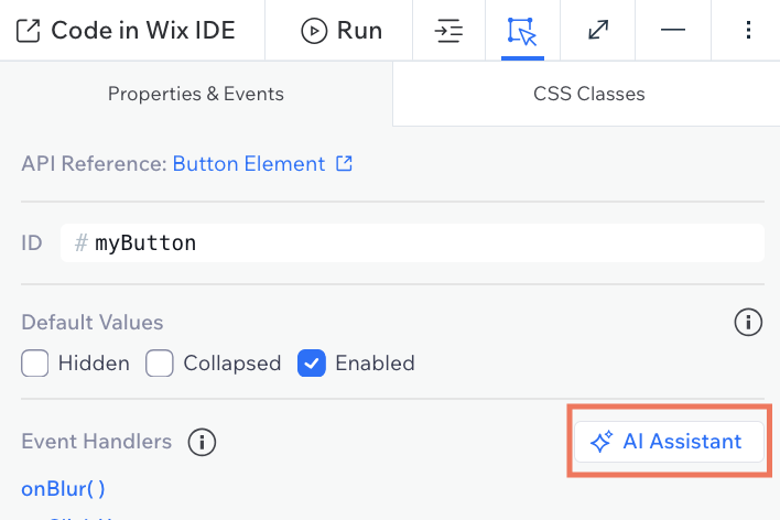 AI Assistant button in Properties & Events panel