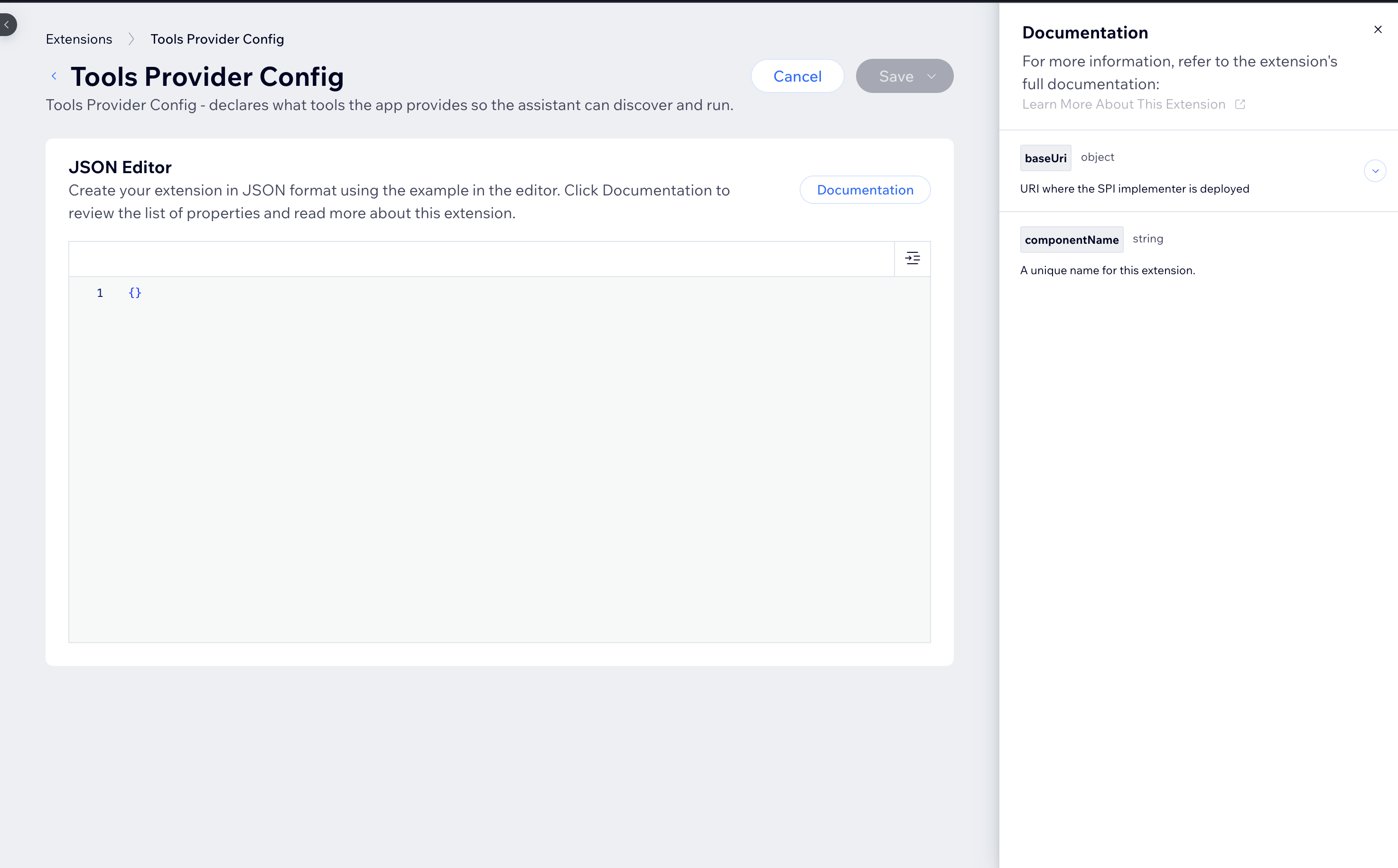 Tools Provider Config JSON editor with the Documentation section open
