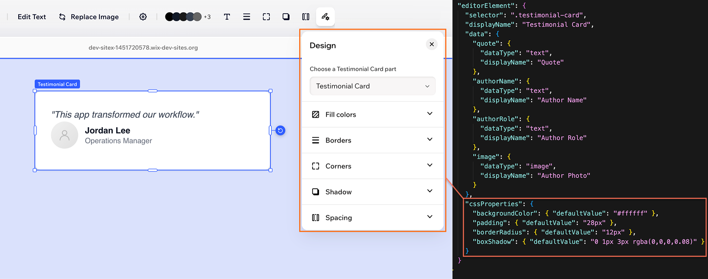 The Design panel with color, spacing, corners, and shadow controls
