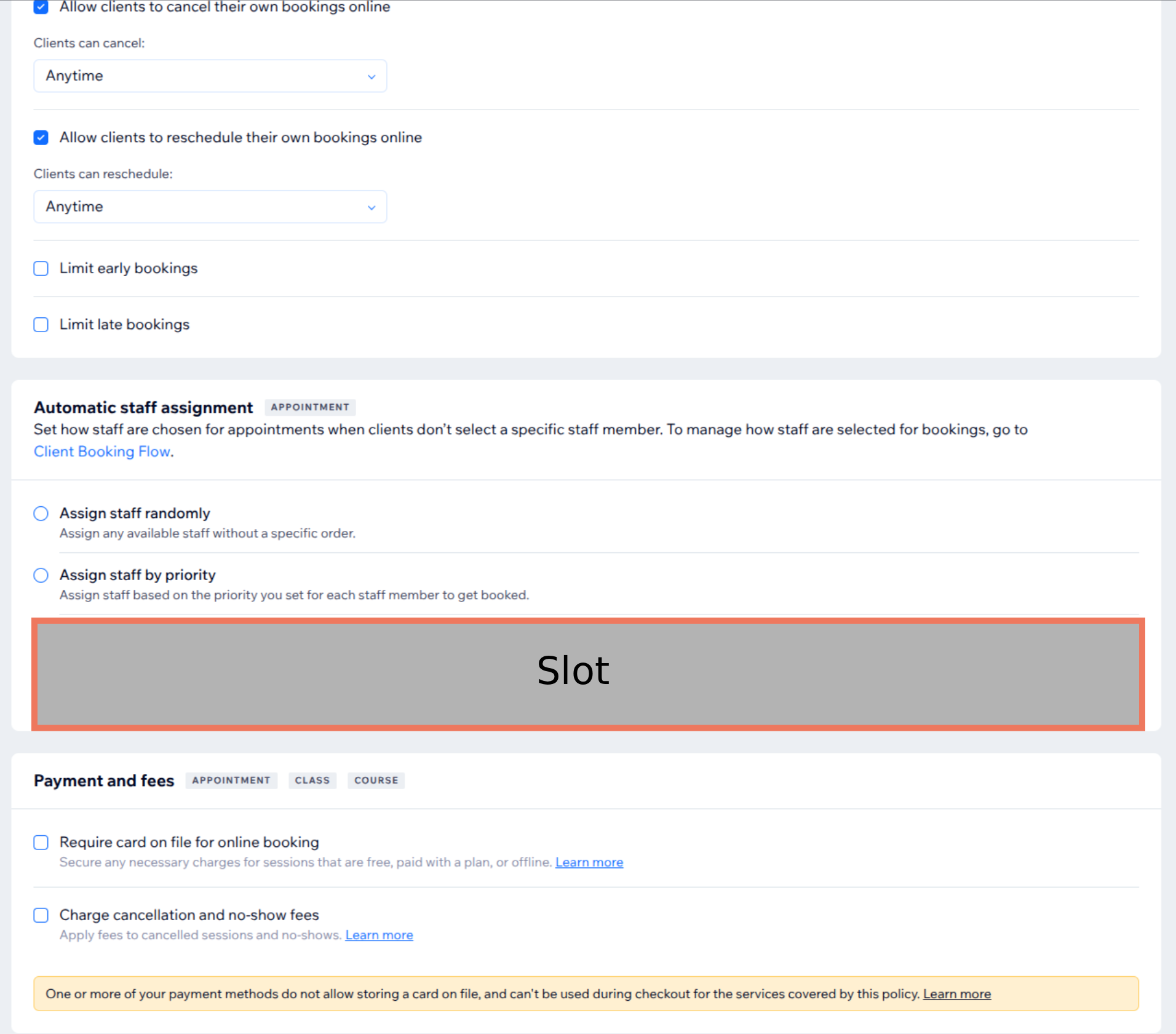 Bookings policies slot