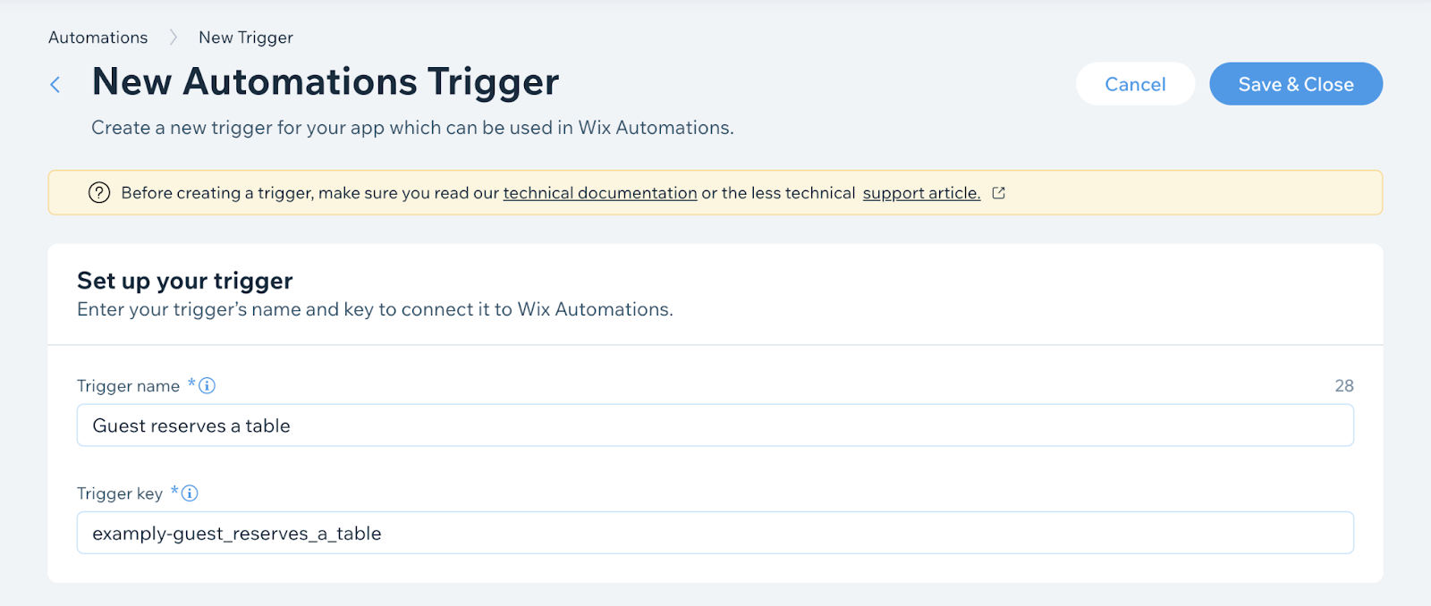 App Dashboard screenshot showing the New Automations Trigger page