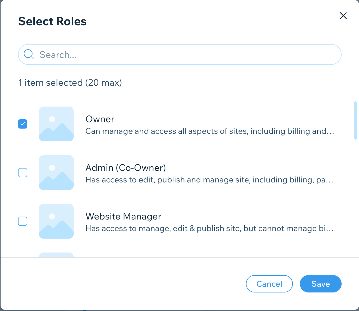 Screenshot showing the Select Roles modal