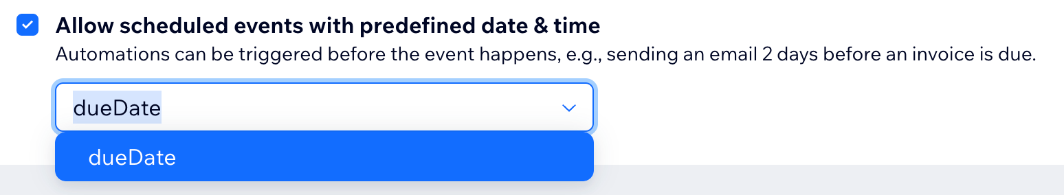 Screenshot showing the Allow scheduled events with predefined date & time dropdown