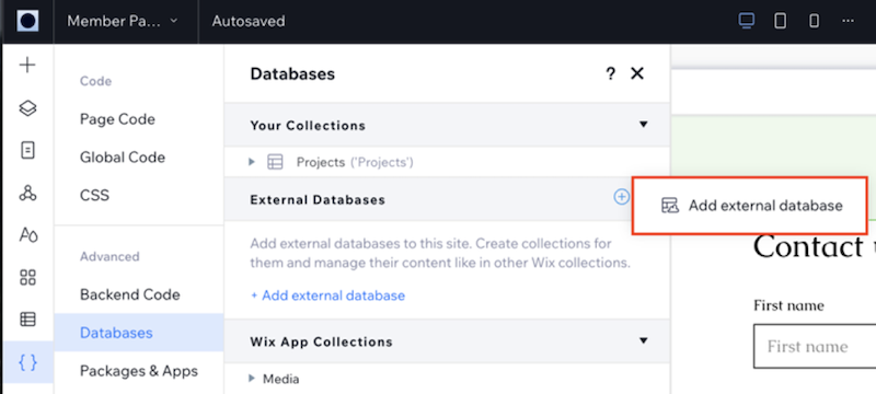 Add external database option in Wix Studio