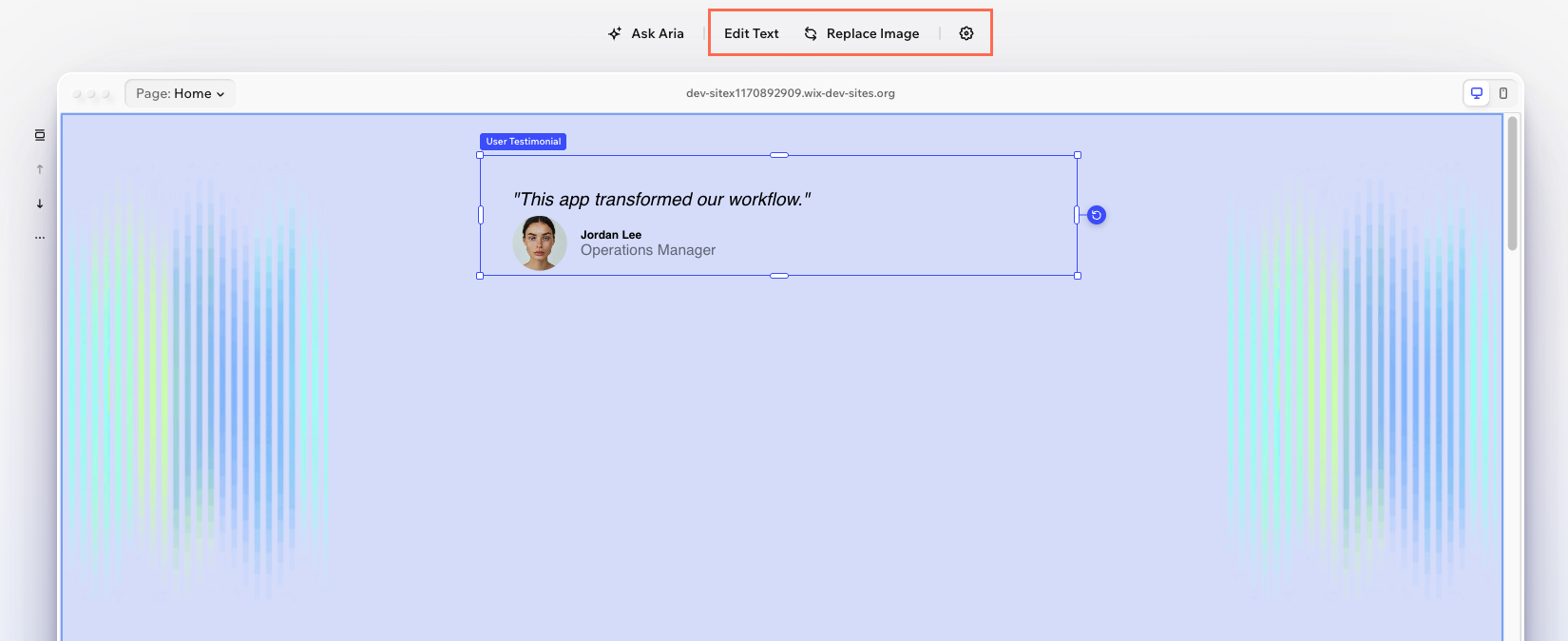 Settings panel with editable text inputs and media picker