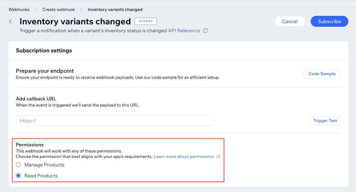 Select permission scope during webhook subscription webhook