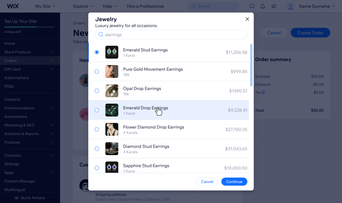 Item selection modal