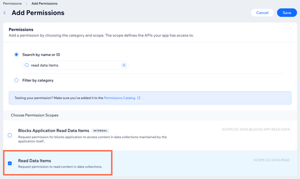 Add read data items permissions to your app
