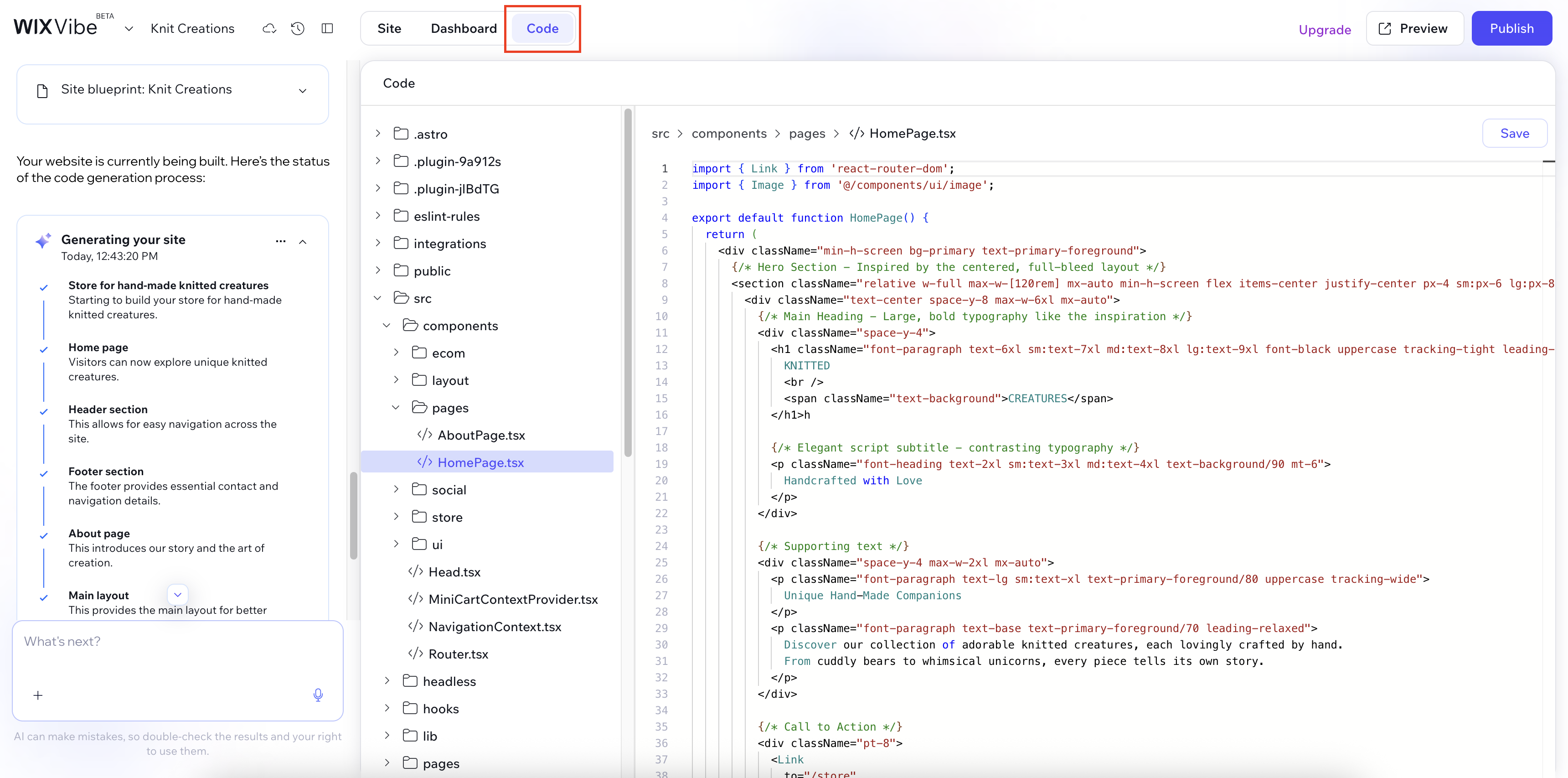 The code tab in Wix Vibe