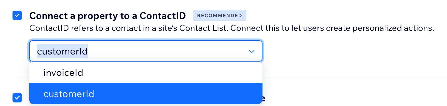 Screenshot showing the Connect a property to a ContactID dropdown