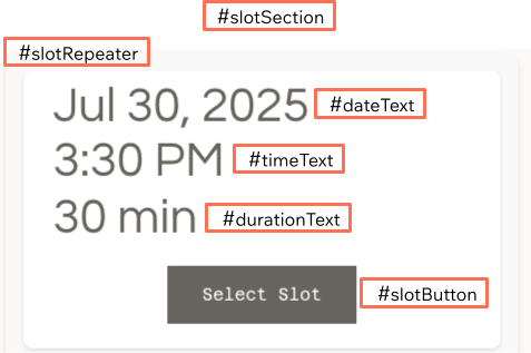Time slots section layout with element IDs