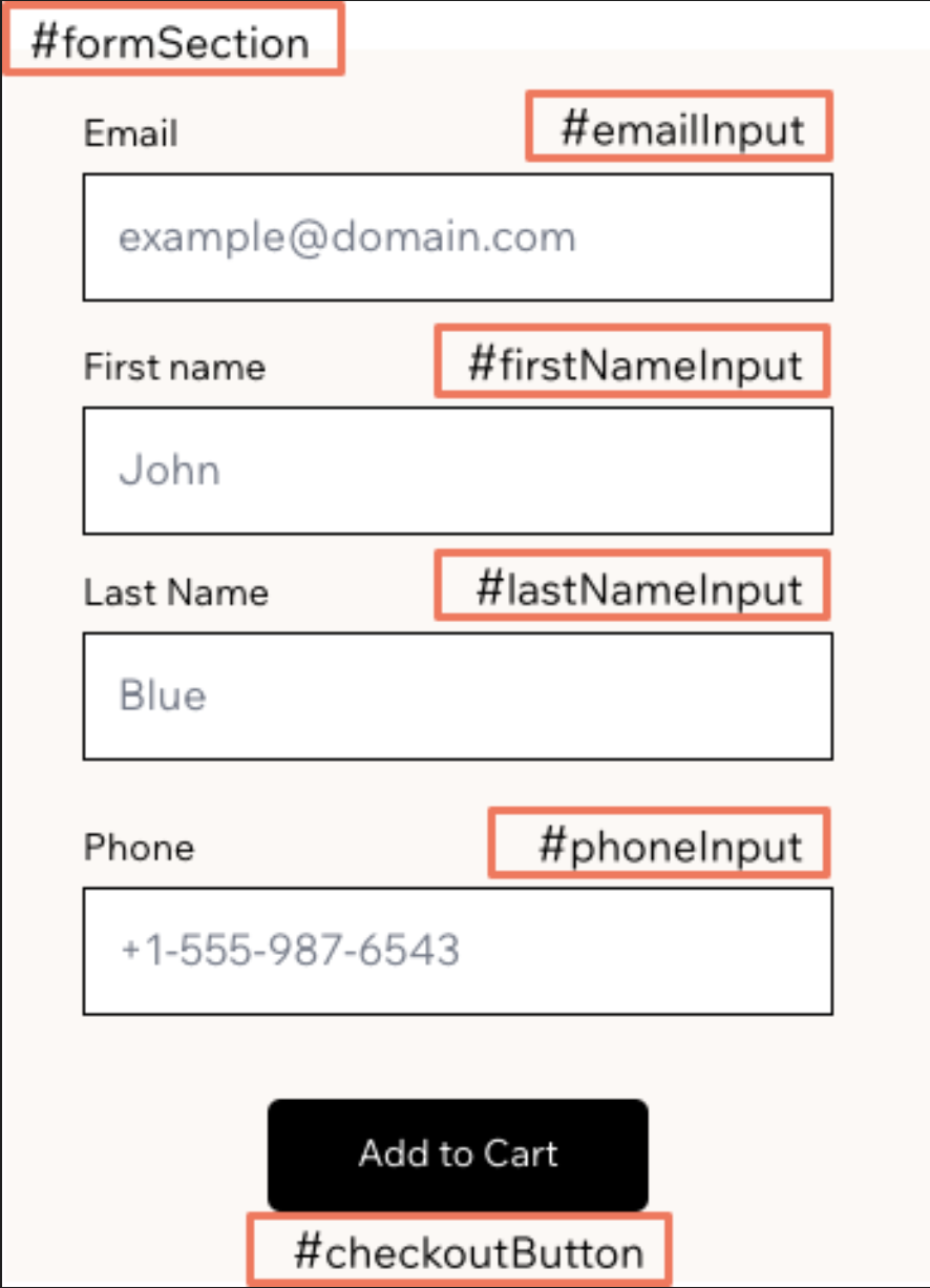Booking form section layout with element IDs