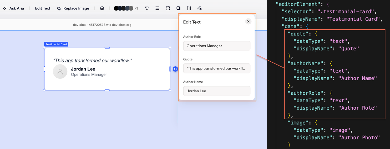 The Edit Text panel with inputs for quote, author name, and author role