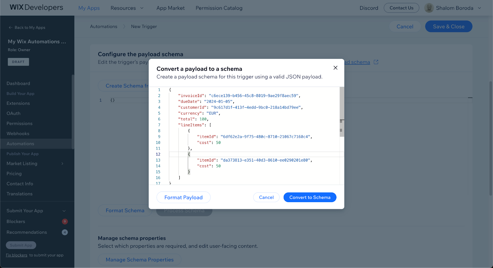 App Dashboard screenshot showing the Convert a payload to a schema modal