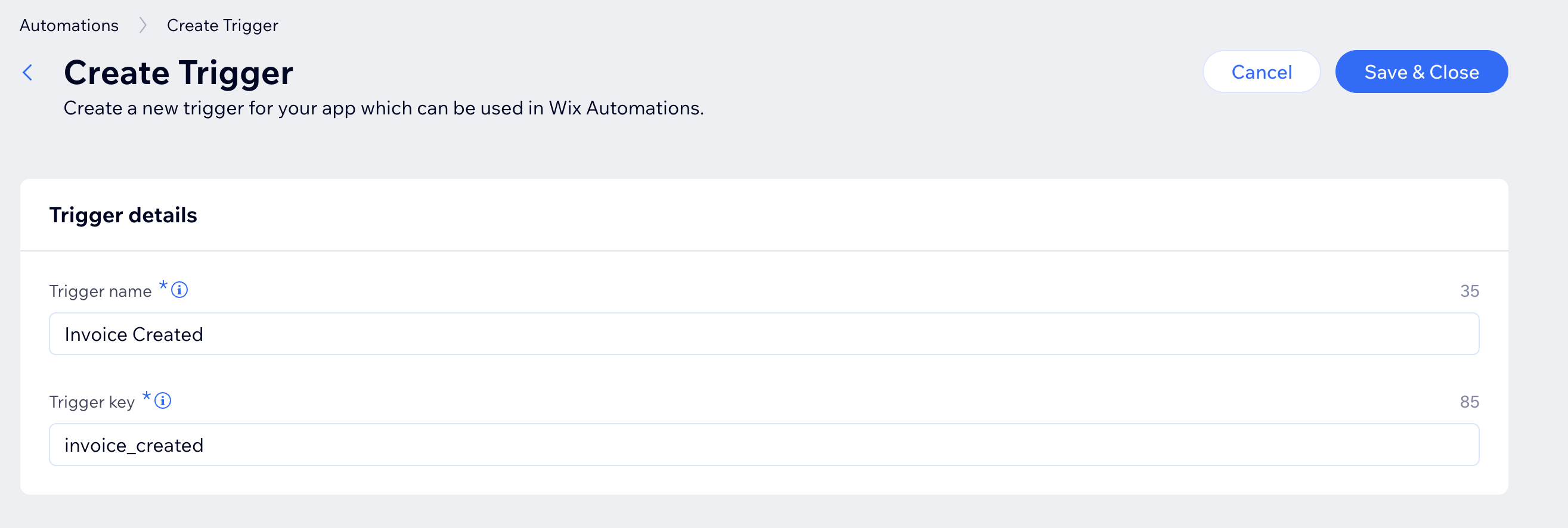Trigger name and key