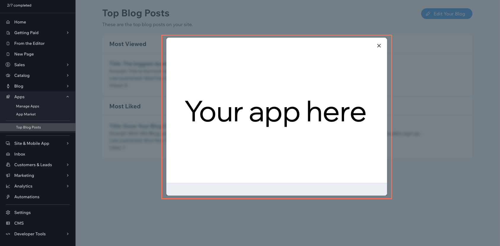 A dashboard modal in the Wix dashboard