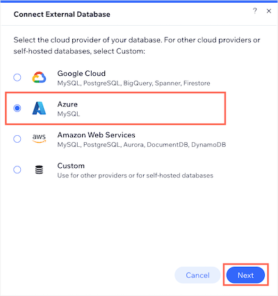 Choosing Azure on Connect External Database window
