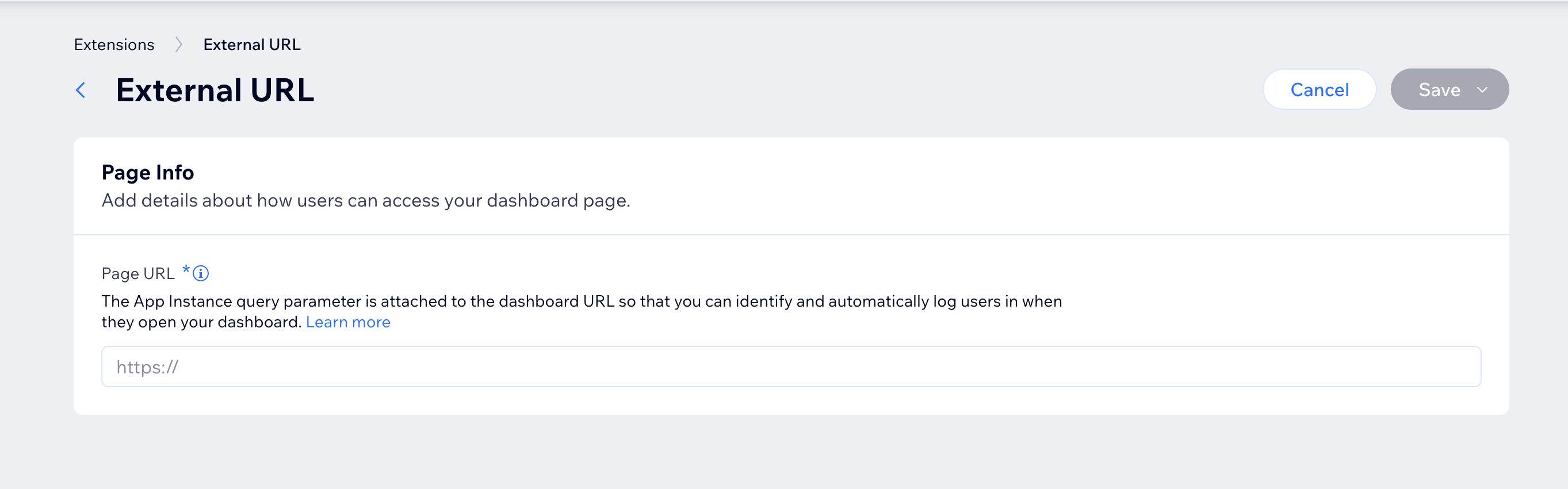 External URL extension configuration page