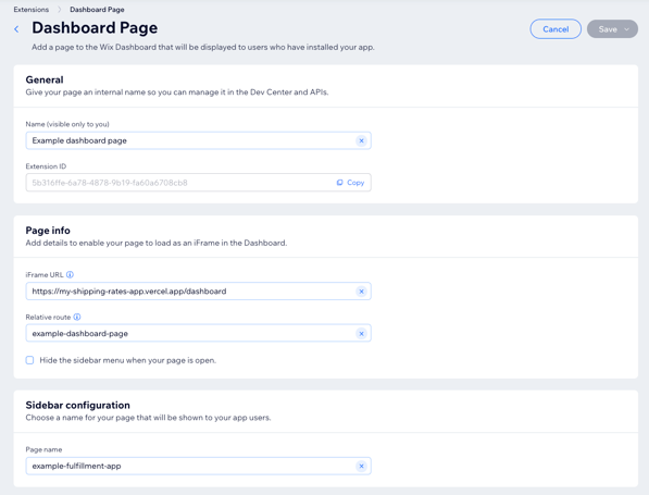 Configure dashboard page