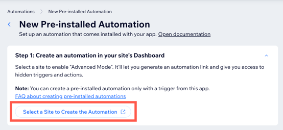 Select a site to build a pre-installed automation on