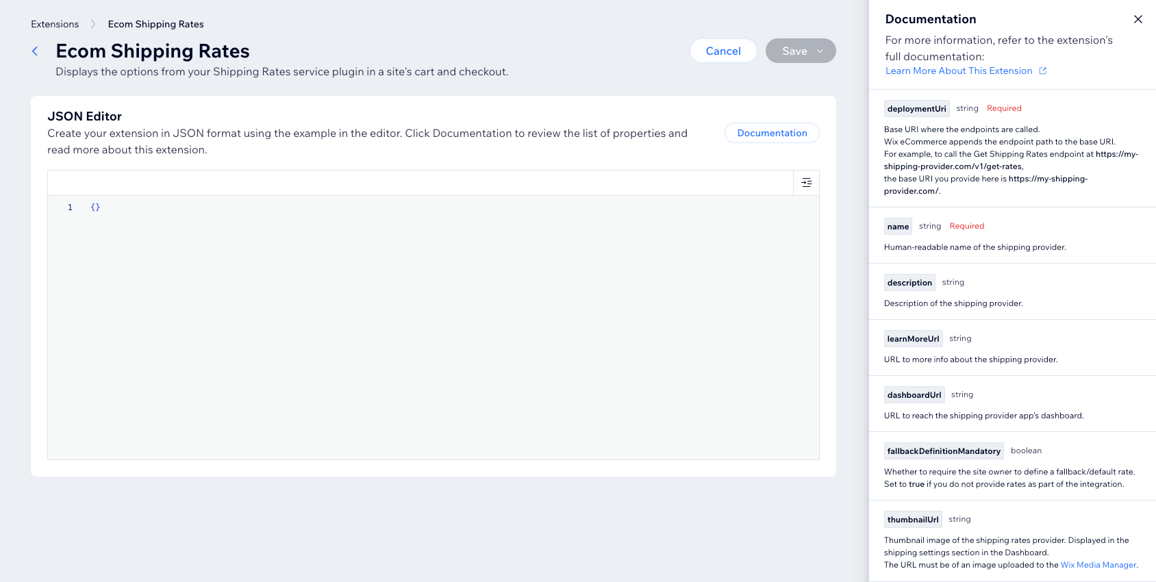 screenshot of json editor