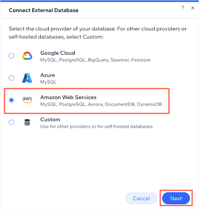 Choosing AWS on Connect External Database window