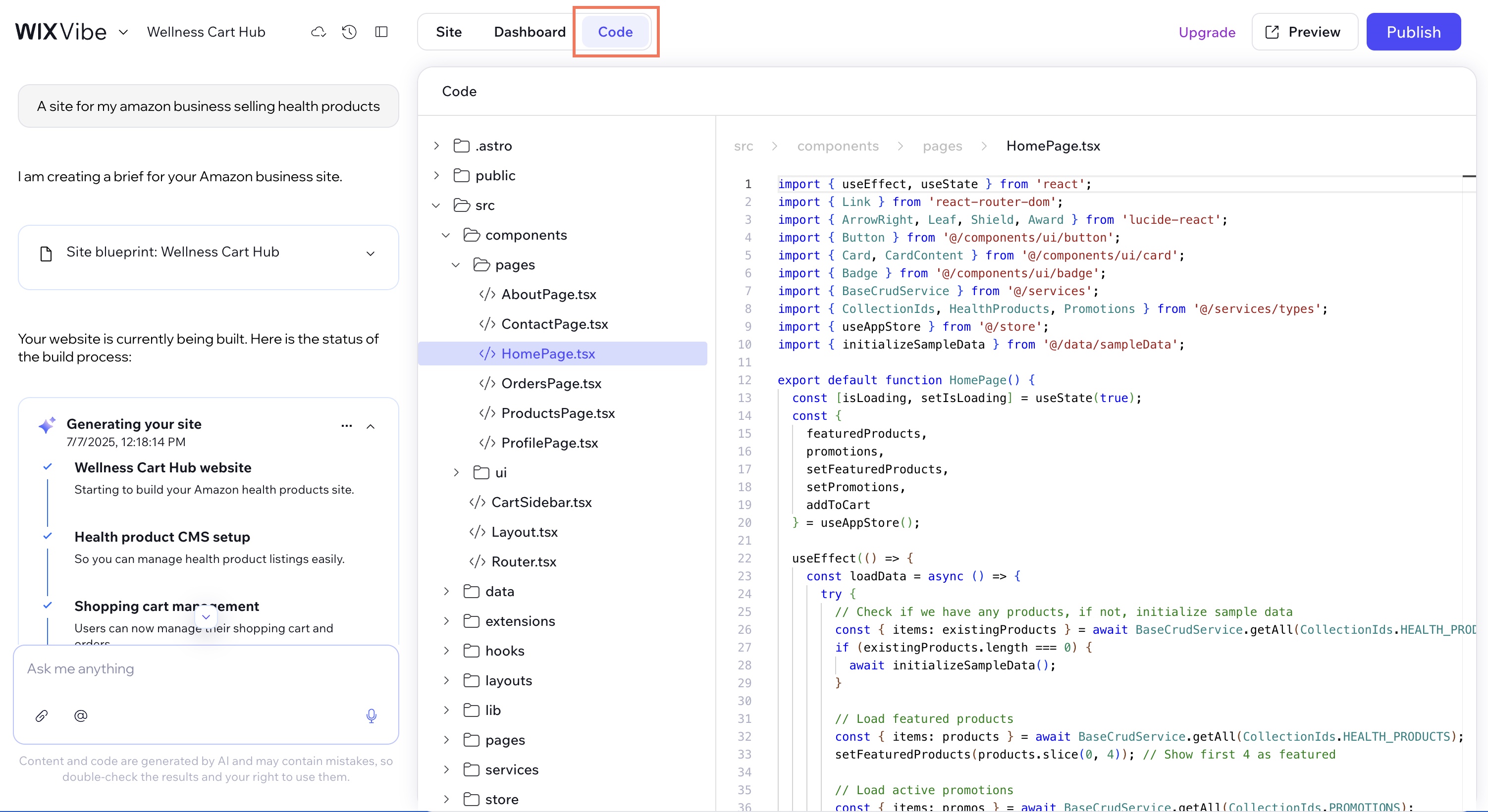 The code tab in Wix Vibe