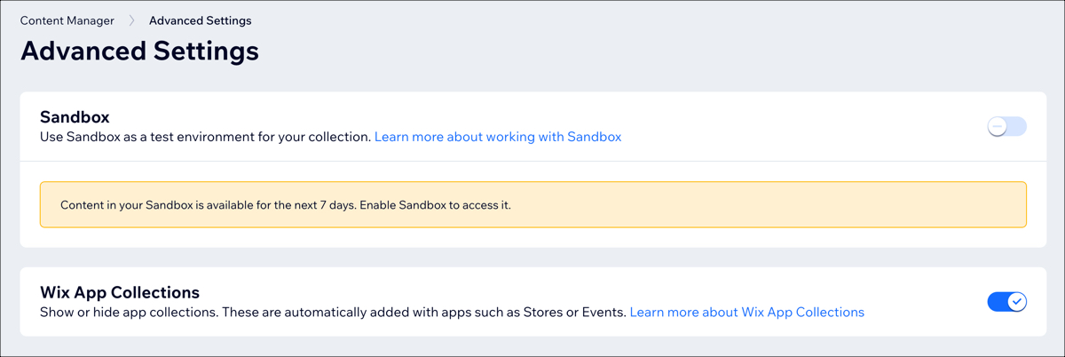 Advanced Settings panel with the Wix App Collections toggle enabled.