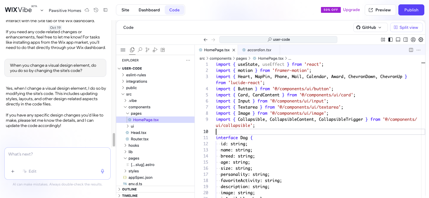 The code tab in Wix Vibe