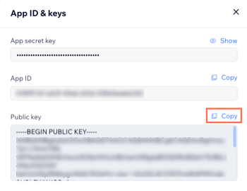 Copy the public key from the App ID & keys modal in your app dashboard