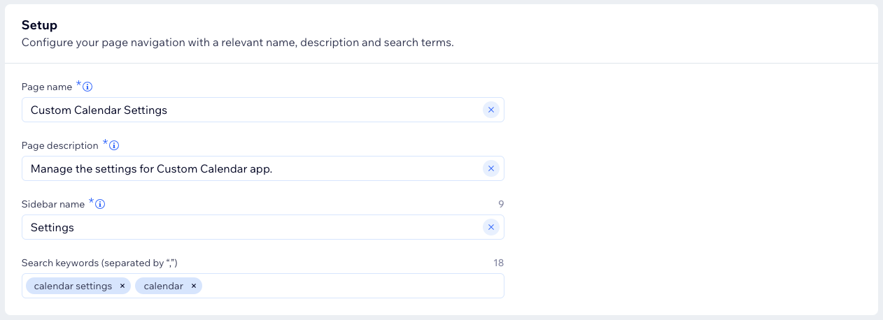 Setup field info