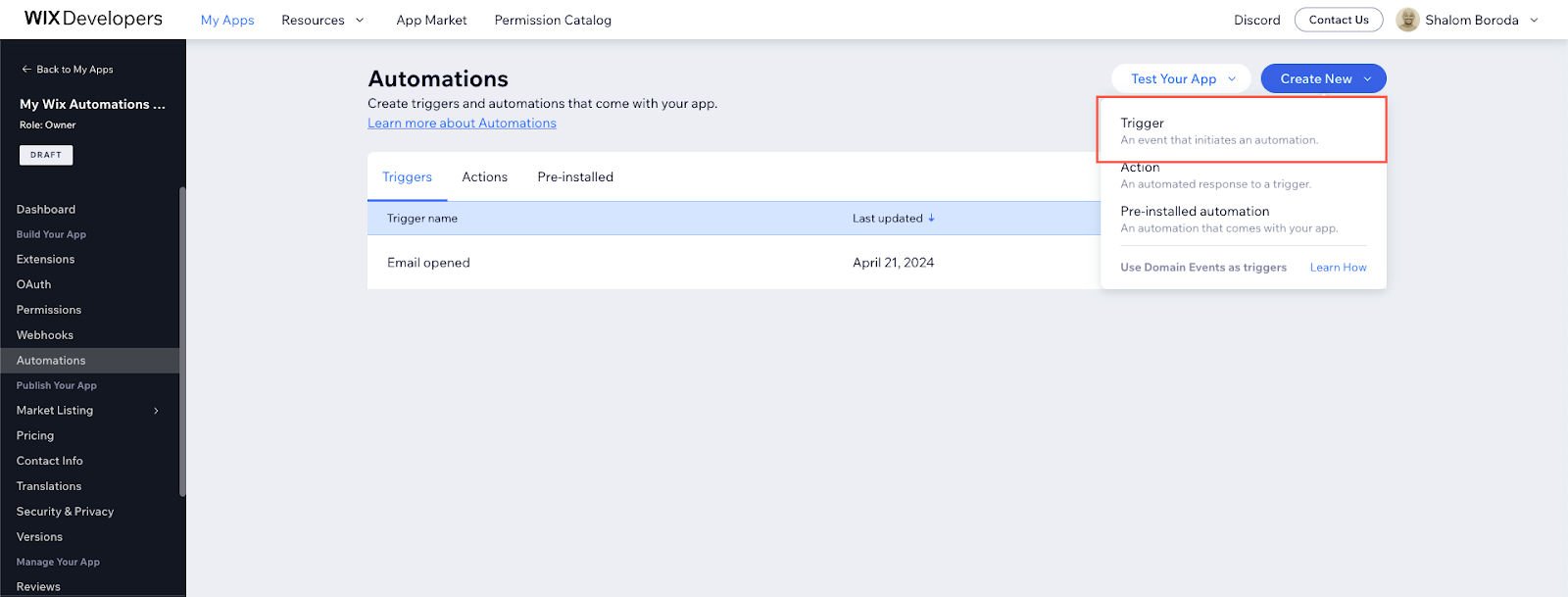 App Dashboard screenshot, hovering over the Create New button and highlighting the Trigger option