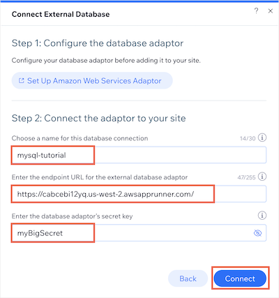 Configuring the external database connection