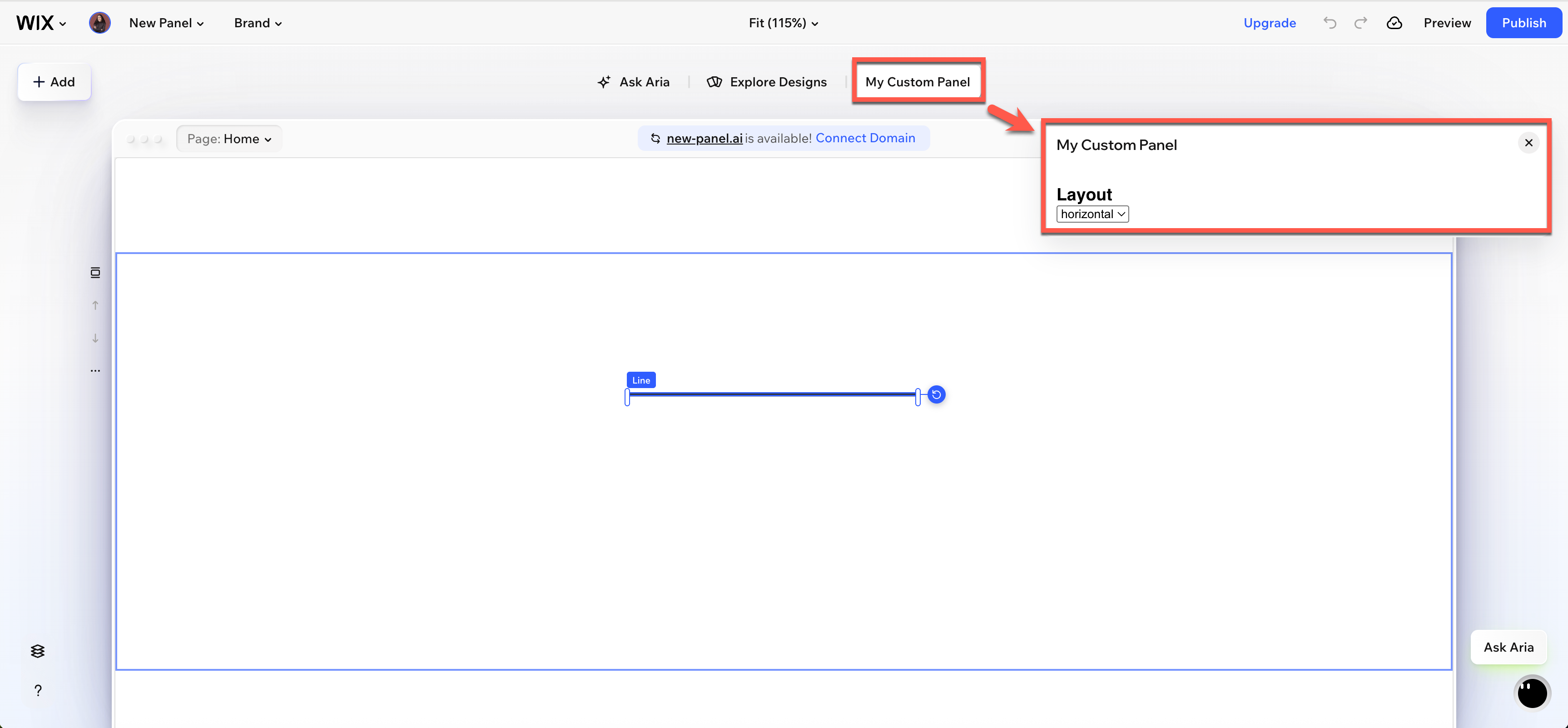 Custom panel open in the editor action bar with a layout dropdown control