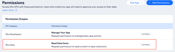 Permissions list app dashboard