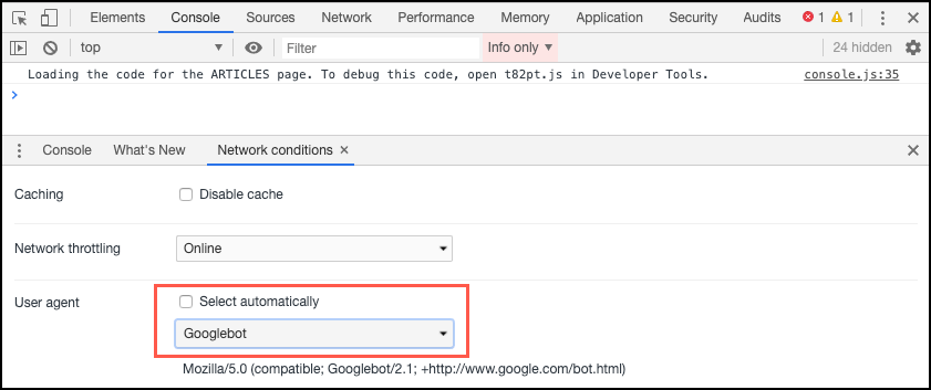 Developer Tools User Agent selection