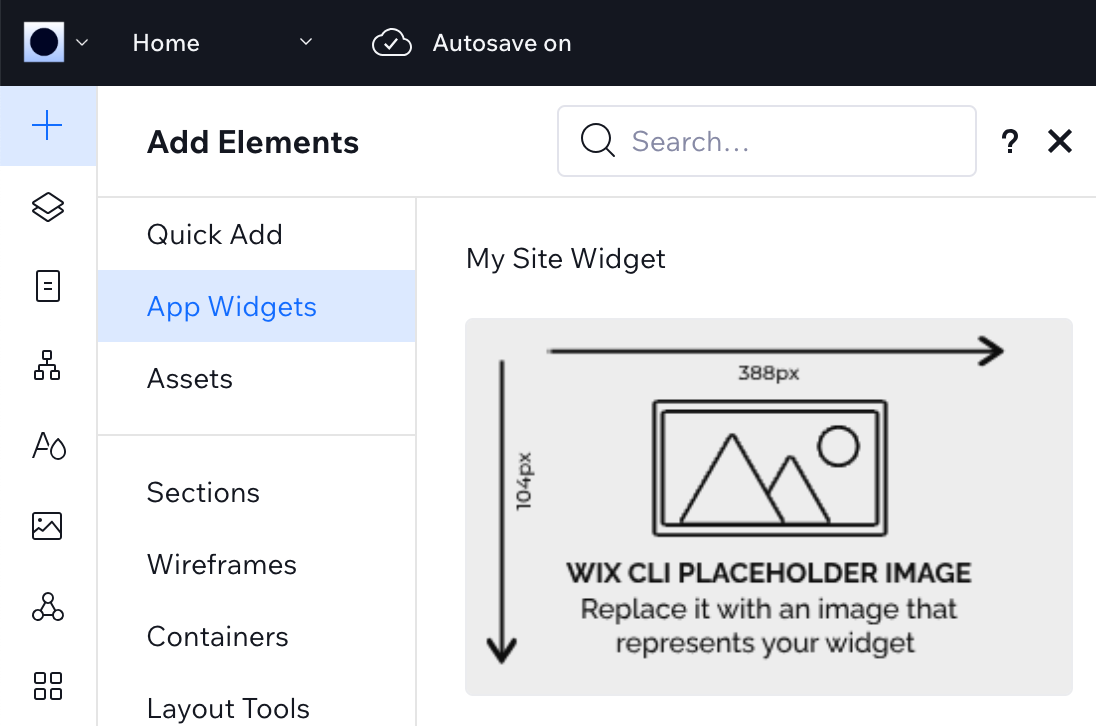 Site widget in add elements panel