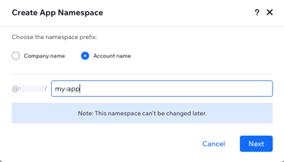 Create app namespace modal