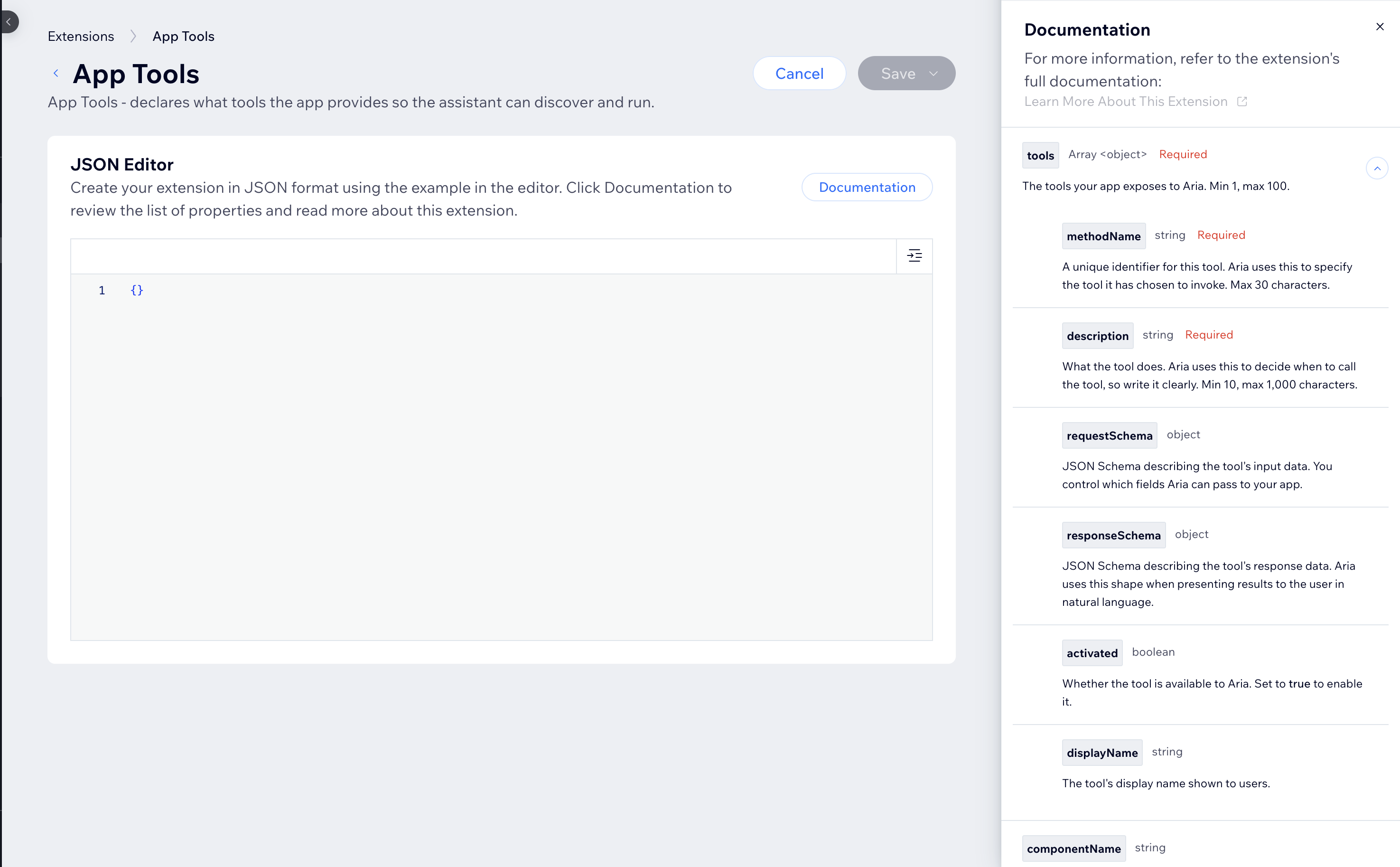 App Tools extension JSON editor with the Documentation section open
