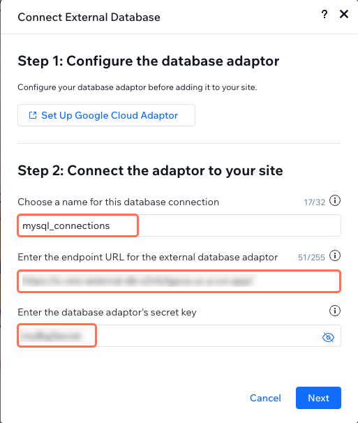 Configuring the external database connection