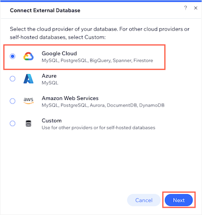 Choosing Google on Connect External Database window