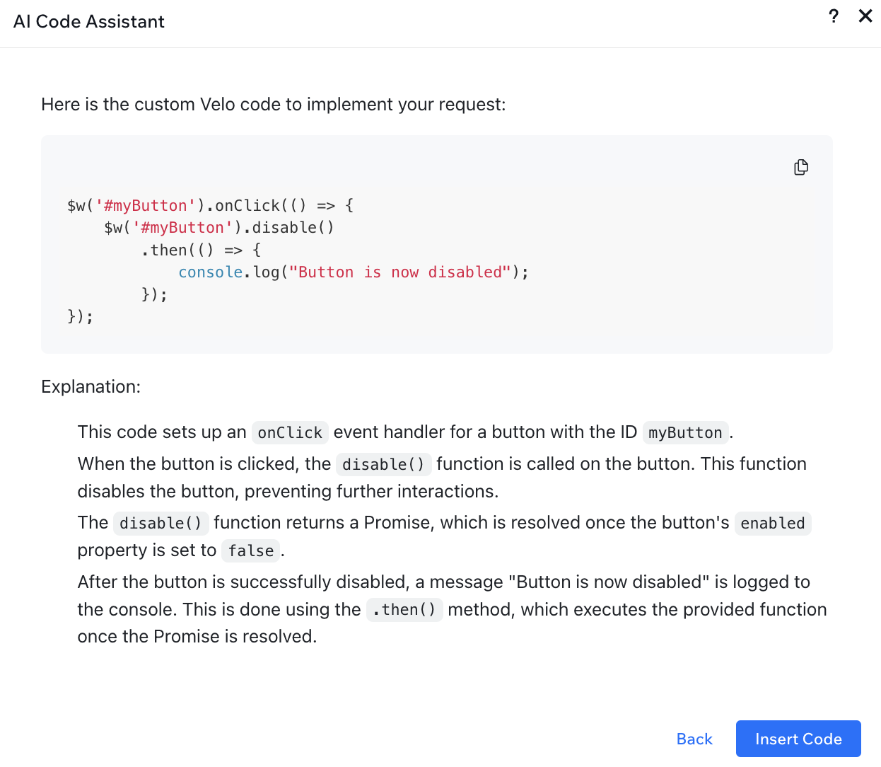 AI Assistant generated code example