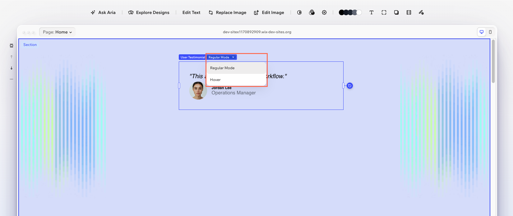 State selector in the design panel showing Regular and Hover options