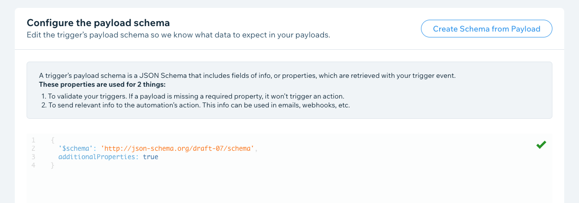 App Dashboard screenshot showing the Configure Payload Schema page