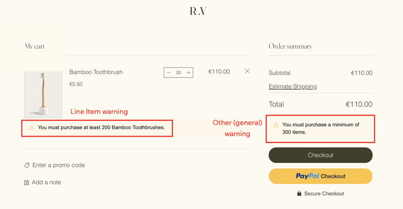 Cart page warnings